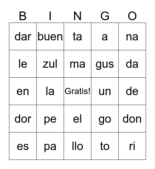 Sílabas - Pepe el Pato Bingo Card