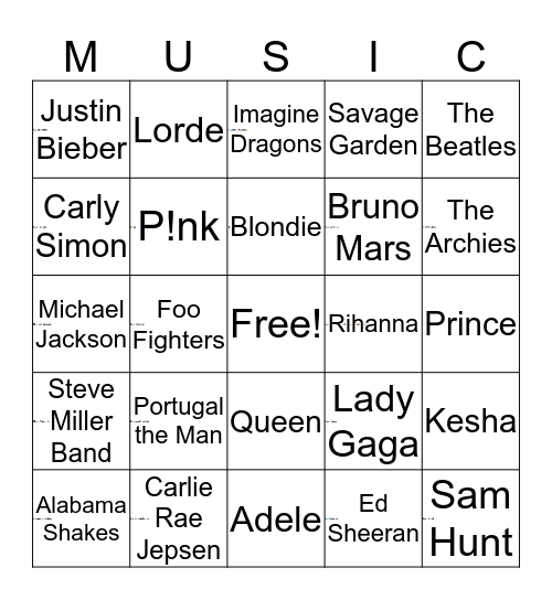 Grammy Bingo  Bingo Card