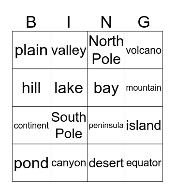 Landforms Bingo Card