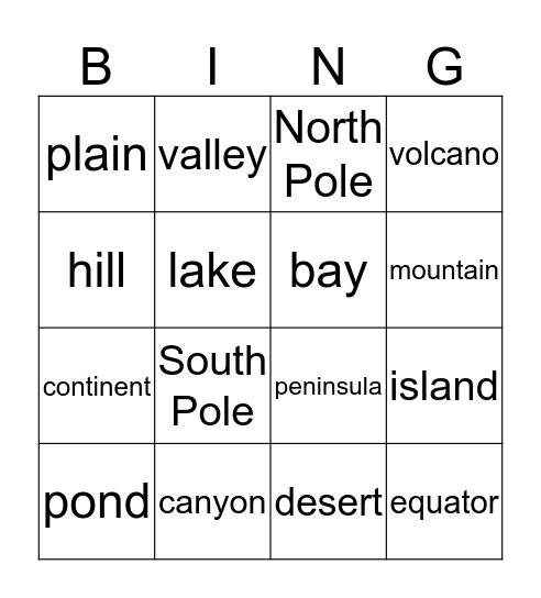 Landforms Bingo Card