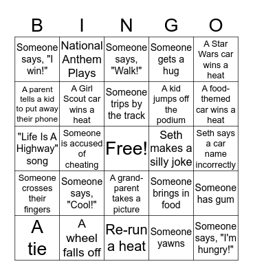 Pinewood Derby 2018 Bingo Card