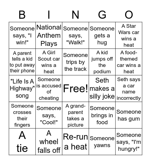 Pinewood Derby 2018 Bingo Card