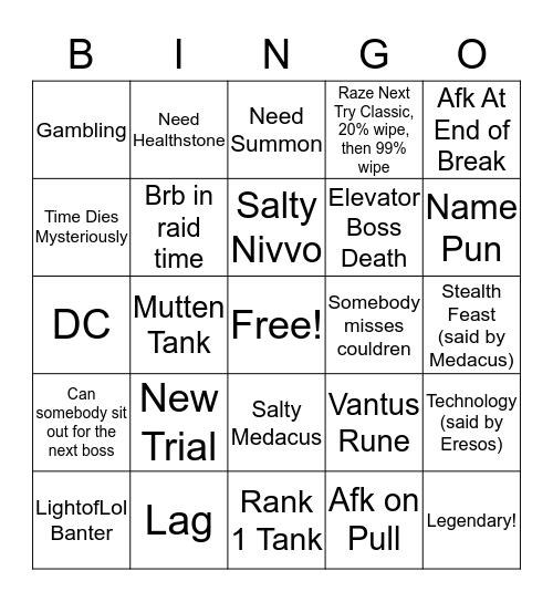 Raze M2 Bingo Card