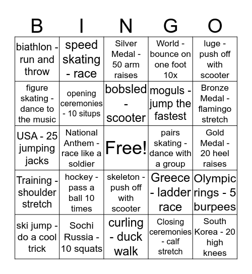 PE Olympics Bingo Card