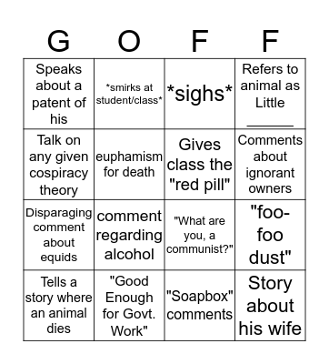 Goff Bingo Card