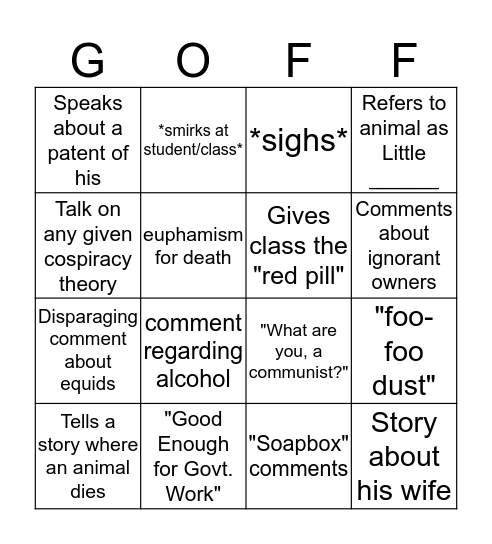 Goff Bingo Card