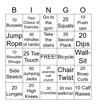 Fitness Bingo Card