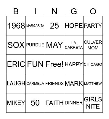 CARMELA'S GIRL'S NITE BINGO Card