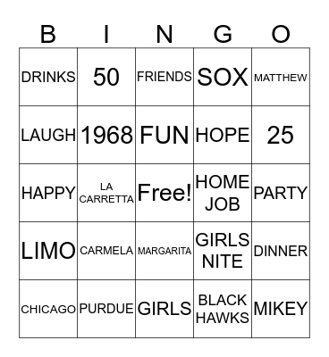 CARMELA'S GIRL'S NITE BINGO Card
