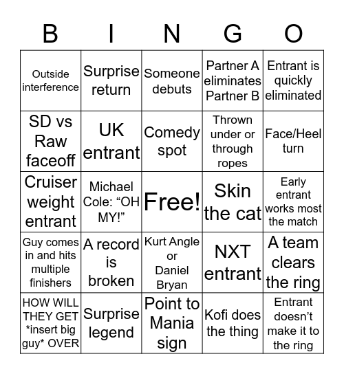 Men's Rumble Bingo Card