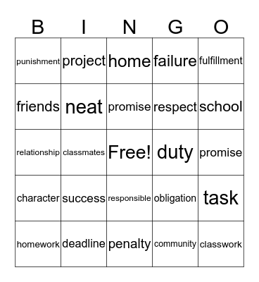 RESPONSIBLE Bingo Card