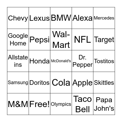 Super Bowl Commercial Bingo Card