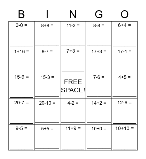 Addition & Subtraction: #0-20 Bingo Card