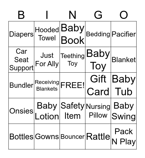 Emery's Baby Shower Bingo Card