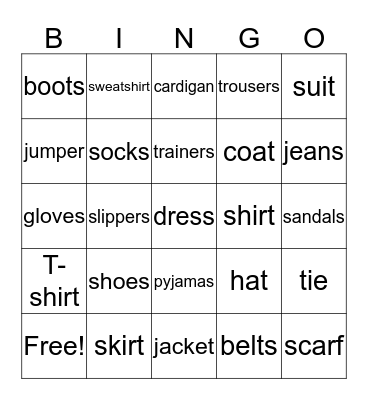 Clothes and Accessories Bingo Card