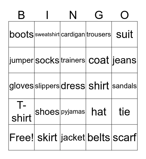 Clothes and Accessories Bingo Card