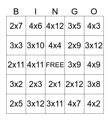 Multiplication Facts 2,3,4 Bingo Card