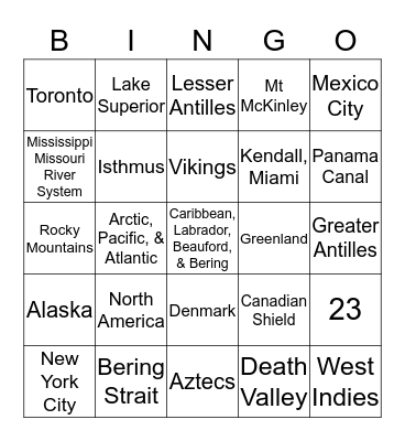 North America Bingo Card