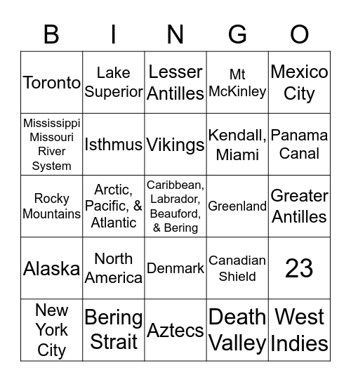 North America Bingo Card