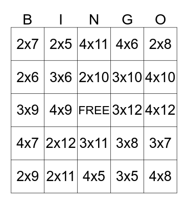 Multiplication Facts 2,3,4 Bingo Card