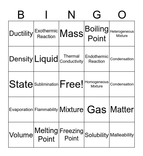 Matter Science Bingo Card