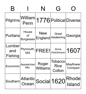Colonization Bingo Card