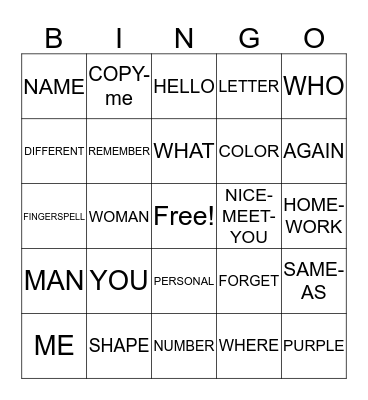 ASL 1 CARD 1 Bingo Card