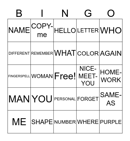 ASL 1 CARD 1 Bingo Card