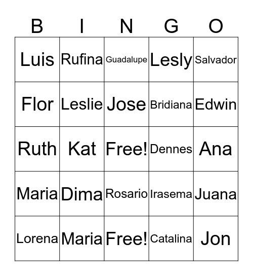 First Names Bingo Card