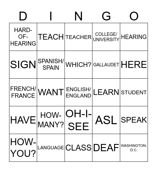 ASL 1 UNIT 2 CARD 1 Bingo Card