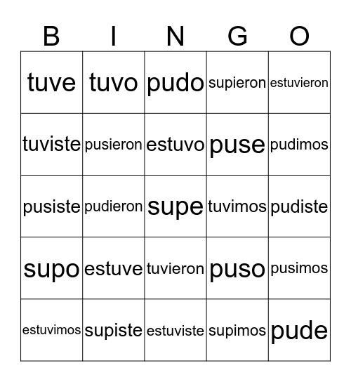 verbos irregulares, pretérito (3.2) Bingo Card