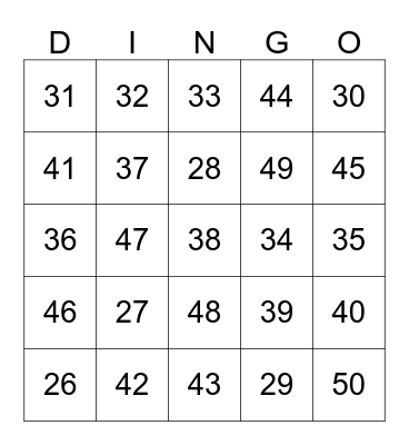 ASL 1 UNIT 1 CARD 9 (NUMBERS 26 - 50) Bingo Card