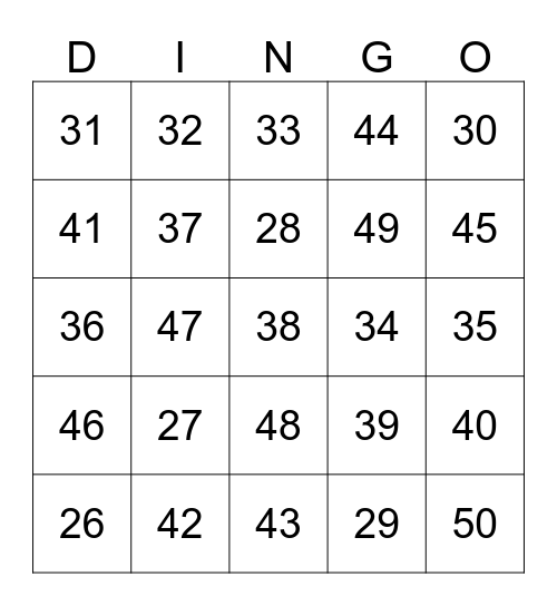 ASL 1 UNIT 1 CARD 9 (NUMBERS 26 - 50) Bingo Card