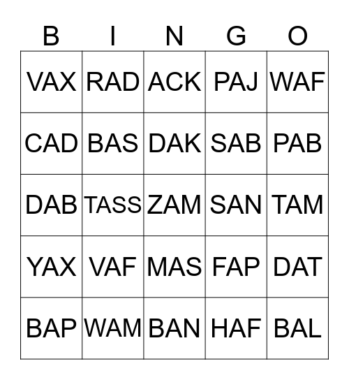 SHORT A VOWEL SOUND Bingo Card