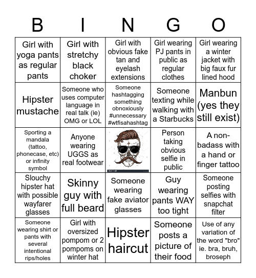 Hipster & Basic Bitch Bingo Card