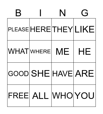 Primer Sight Words Bingo Card