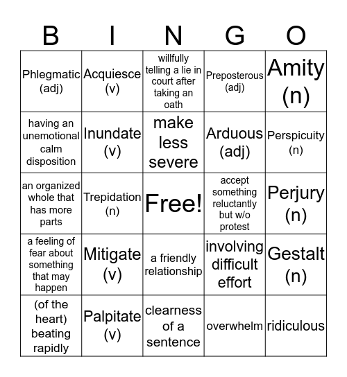 Vocabulary IV Bingo Card