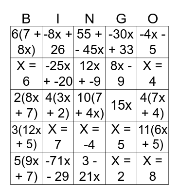 Algebra Bingo Card