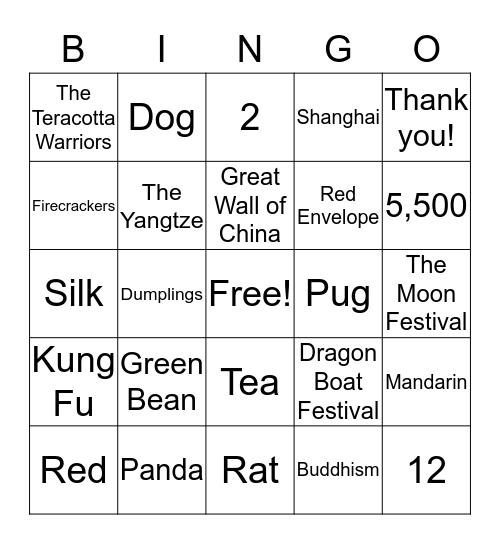 Chinese Heritage Camp  Bingo Card