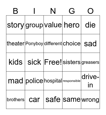 The Outsiders Bingo Card