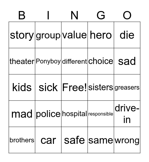 The Outsiders Bingo Card