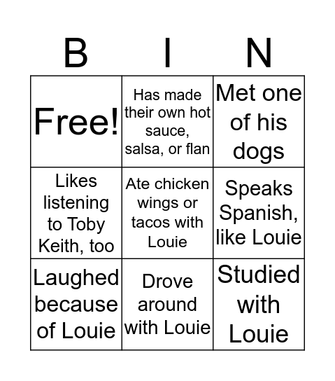 Louie <3 Bingo Card