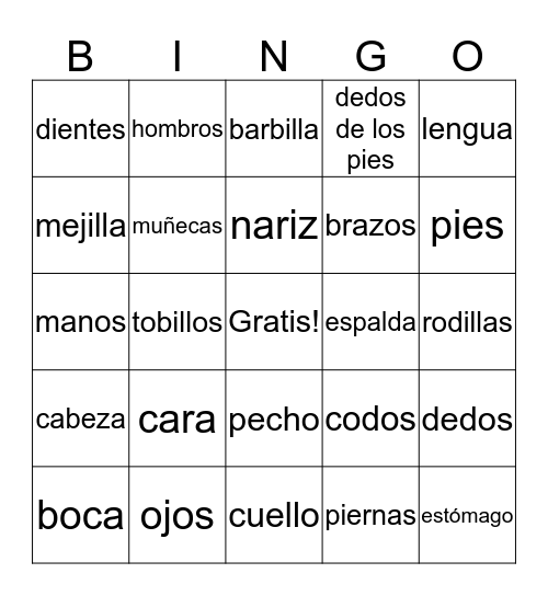 Partes del Cuerpo Bingo Card