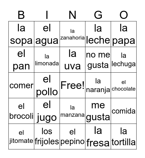 La Comida Bingo Card