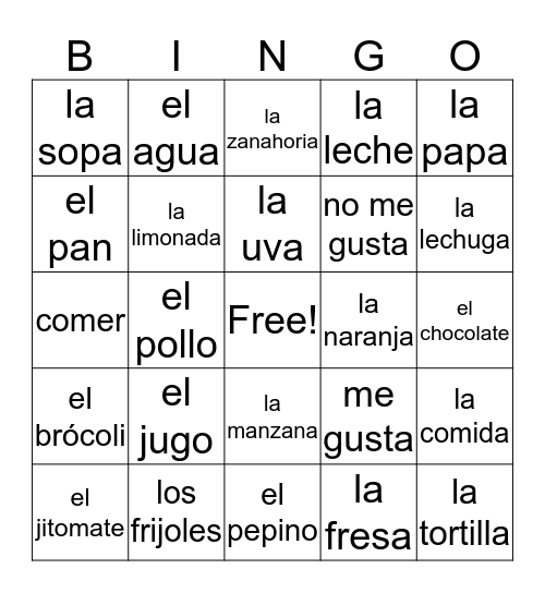 La Comida Bingo Card