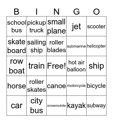 Transportation Bingo Card