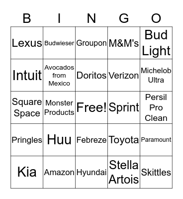 Super Bowl 2018 Commercials Bingo Card