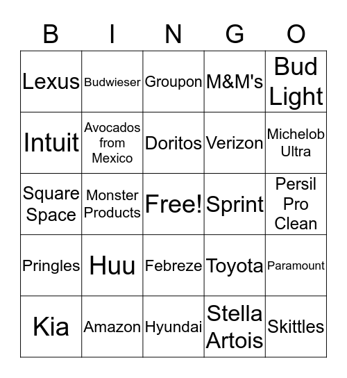Super Bowl 2018 Commercials Bingo Card