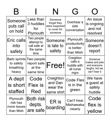 Safety Huddle Bingo Card