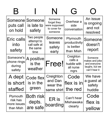 Safety Huddle Bingo Card